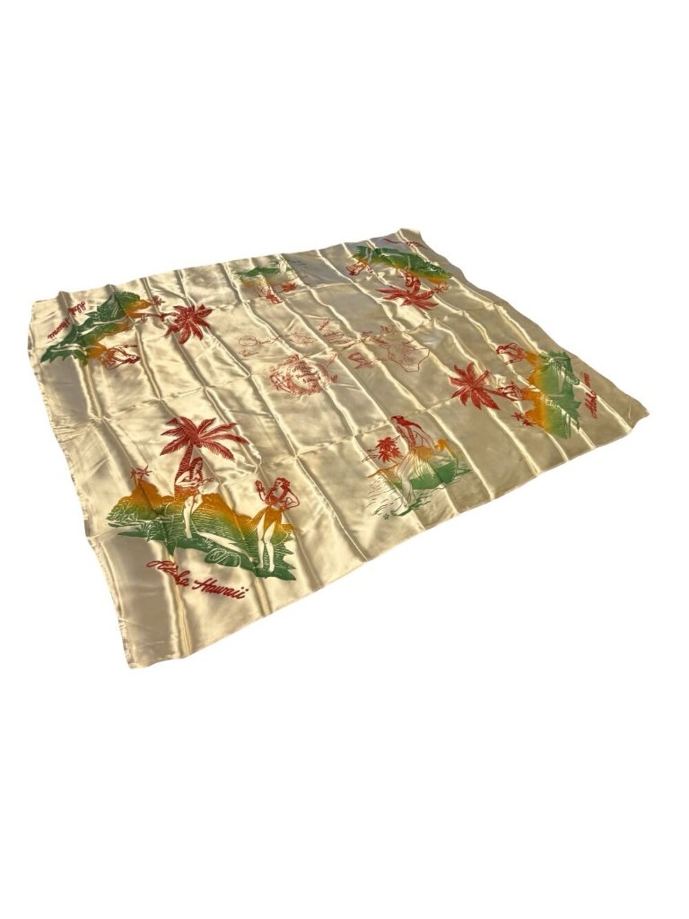 Vintage Aloha From Hawaiian Islands Satin Souvenir Scarf Hawaii Map Hula Girls